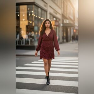 (116) ANDREE BY UNIT Elegant Burgundy Ruffle Dress